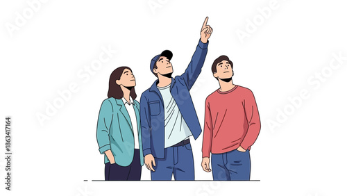 Group of diverse young adults pointing upwards, representing curiosity, ambition, and looking towards the future with optimism