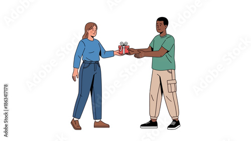 Couple exchanging a gift box, symbolizing giving and receiving, joy and celebration