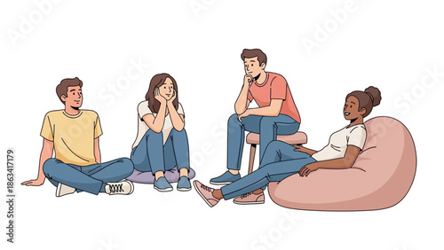Diverse group of young adults casually interacting and socializing in a relaxed setting