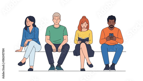 Diverse group of people sitting together on a bench, showcasing different activities and expressions