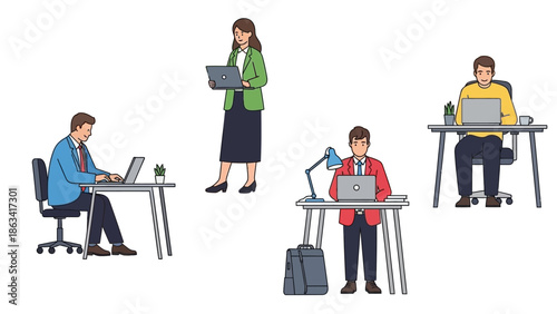 Diverse group of professionals working remotely on their laptops in a modern office setting