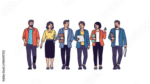 A diverse group of professionals, men and women, walking together in an office setting, dressed in business casual attire