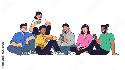 Diverse group of young adults sitting together, sharing moments and connecting with their smartphones