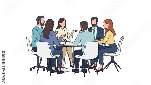 Group of diverse professionals collaborating around a table, brainstorming ideas and discussing projects in a modern office setting
