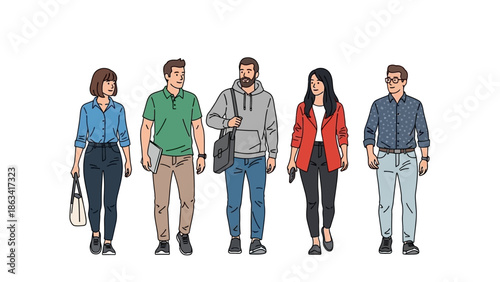 Diverse group of young adults walking together, conveying a sense of community and collaboration