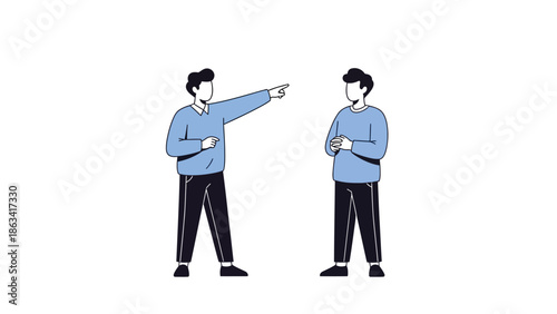 Two men communicating and pointing in different directions, illustrating a concept of disagreement or differing opinions on a white background