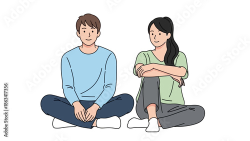 Couple sitting together casually in comfortable pose on white background, illustration