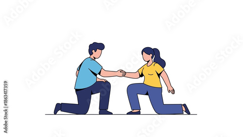 Two people kneeling and shaking hands, symbolizing cooperation, partnership, and a pact