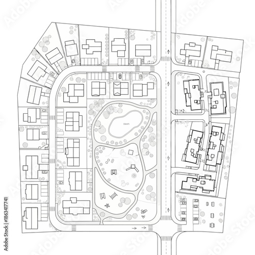 Urban housing development plan with pond and green spaces.