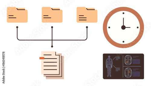 Data analysis, organization, medical records, information systems, workflow management, time tracking. Folders connected to documents, a clock and medical diagrams. Data organization and medical