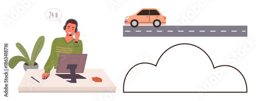 Customer service, cloud computing, transportation, technical support, 24-hour assistance, remote services. Man on a call at a desk, a car on a road and a cloud graphic. Customer service and cloud