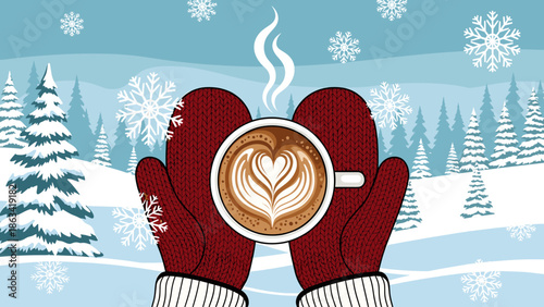 Winter Warmth: Mittened Hands Holding Coffee Cup in Snowy Landscape