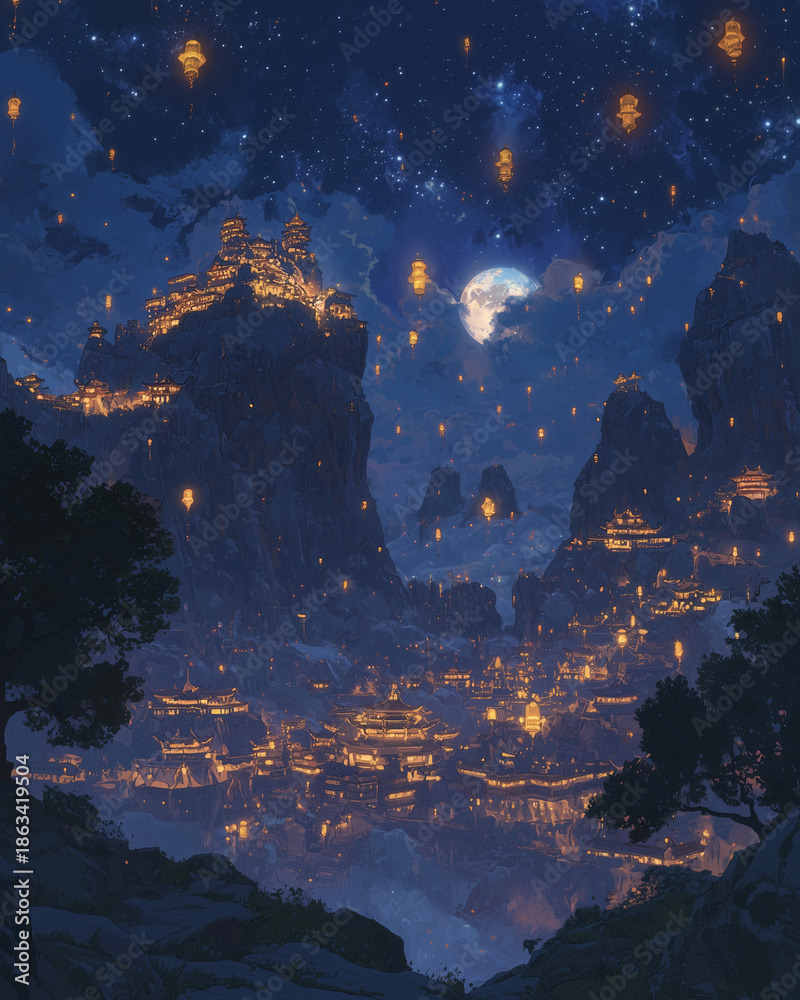 Fototapeta premium A cinematic fantasy mountain city at night with glowing lanterns and moonlight. Atmospheric wide view illustration ideal for fantasy backgrounds, games, websites, and digital media.