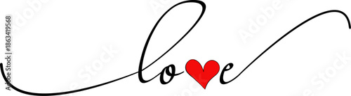 Handwritten calligraphy love word with red heart