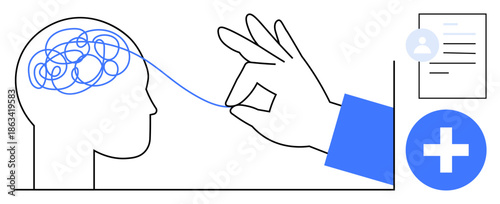 Mental health, cognitive therapy, medical services, psychological care, problem-solving, treatment solutions. A hand untangling thoughts from a brain illustration. Mental health and cognitive therapy