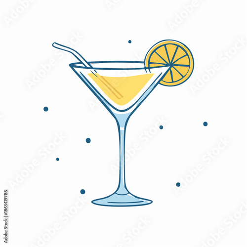 Cocktail or martini line icon vector illustration. Hand drawn outline cocktail with martini in blue and yellow color. Emblem drawing in ink doodle style