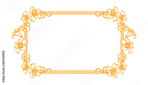 Decorative rectangular vector frame in gold color with floral ornaments and swirls