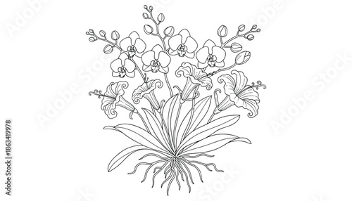 Elegant botanical line art illustration with flowers, lilies, orchids and leaves