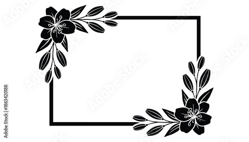 Floral frame decorated with flower and foliage black on white background design