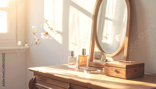 Elegant entryway interior with a round mirror on the wall, a wooden console table, and a vase with dried pampas grass, warm home atmosphere with analog film grain.