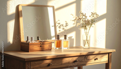 Elegant entryway interior with a round mirror on the wall, a wooden console table, and a vase with dried pampas grass, warm home atmosphere with analog film grain.