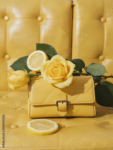 Yellow quilted handbag with roses and lemon slices on a tufted yellow surface