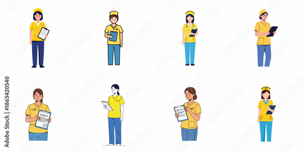 Fototapeta premium Flat vector illustration set of diverse female nurses in yellow uniforms holding clipboards for medical documentation and patient care.