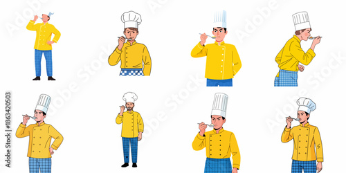 Set of 8 male chefs in uniform tasting food with a spoon, demonstrating professional culinary evaluation, isolated vector illustration collection.