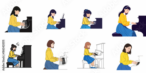 Diverse Set of Vector Illustrations Featuring Young Women and Girls Playing the Piano, Highlighting Musical Practice, Education, and Classical Performance.