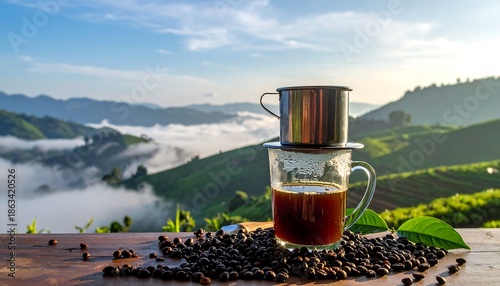 Vietnamese Coffee with Mountain View - Aromatic Brew in Scenic Landscape.