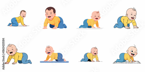 Cute cartoon baby crawling set: Eight happy infants smiling and laughing while learning to move, isolated vector illustration collection.