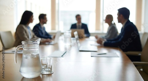 Blurred business people meeting background with focus on water pitcher, abstract corporate conference room atmosphere.