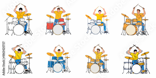 Collection of Vector Illustrations Depicting a Young Male Drummer Playing an Acoustic Drum Kit with Raised Drumsticks, Set Against a White Background.