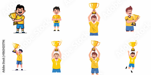 Set of cartoon boys celebrating victory, holding up gold winner trophies in various triumphant poses, illustrating achievement and success.