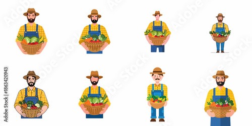 Collection of flat vector illustrations featuring various male farmers or gardeners proudly presenting a basket overflowing with fresh produce and organic vegetables.