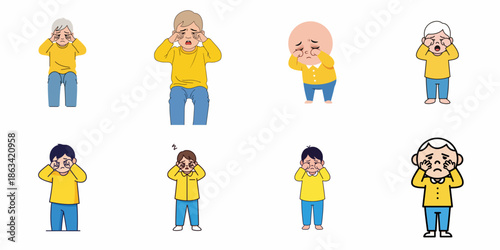Collection of cartoon characters from baby to senior rubbing their tired eyes, representing fatigue, crying, sleep deprivation, or eye irritation.