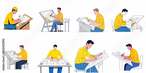 Vector set of architects and engineers designing floor plans and technical drawings at drafting tables, illustrating the architectural process.