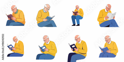 Elderly man reading a book set. Flat vector illustrations of a senior person enjoying literature, hobby, or study in retirement.