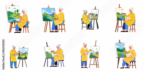 Set of illustrations showing elderly women painting landscapes, practicing fine art as a creative retirement hobby.