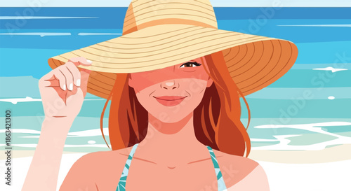 Close-up illustration of a smiling woman wearing a sun hat and bikini, enjoying a sunny day at the beach with the ocean and sand in the background