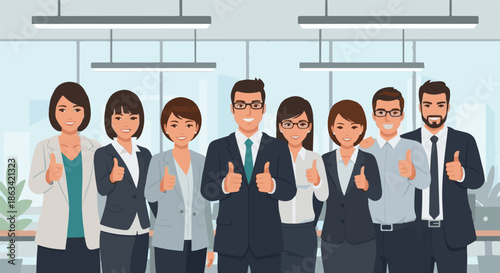 Professional Business Team Showing Thumbs Up in Office Environment
