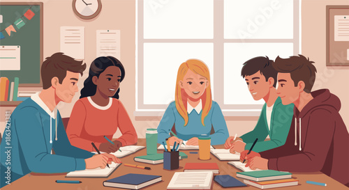 A diverse group of young students actively engaged in a collaborative study session, demonstrating teamwork and focused learning in a bright classroom environment