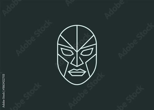 A bold line mask logo with balanced symmetry and expressive contours, representing mystery, identity, and artistic character