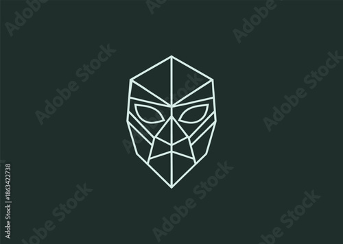 A bold line mask logo with balanced symmetry and expressive contours, representing mystery, identity, and artistic character