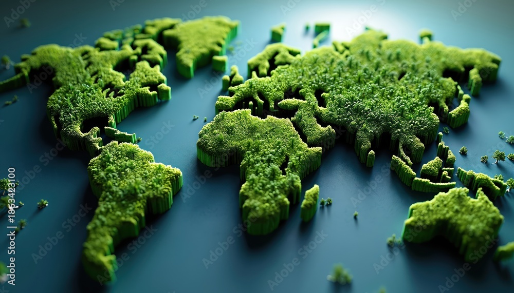 Obraz premium World map crafted from rich green vegetation and trees. Continents appear covered in vibrant foliage on a dark blue background. Nature abundance displayed globally.