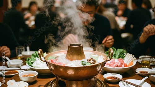Steaming Traditional Chinese Hot Pot Centerpiece on Dining Table During Family Reunion Dinner