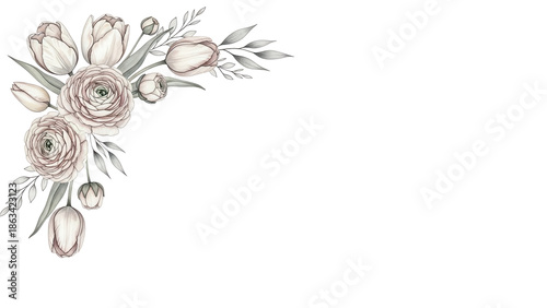 Luxury watercolor corner element with tulips and ranunculus in a neutral palette isolated on white background
