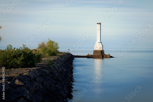 Huron Harbor Lighthouse at sunset in Huron, Ohio
