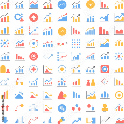 Colorful analytics icon set showing charts graphs statistics trends dashboards business growth data visualization symbols for digital reports interfaces.