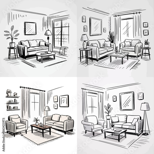 Minimalist living room concept sketches showing modern interiors with sofas, tables, TVs, and clean perspective lines